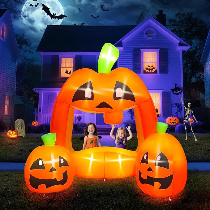 Kalolary 7ft Halloween Inflatables Pumpkin Photo Booth, Blow Up Quirky Pumpkin Photo Frame Inflatables Build-in LEDs Holiday Blow Up Inflate Decorations for Outdoor, Indoor, Lawn, Yard Display Decor