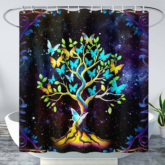 AILONEN Tree of Life Shower Curtain for Bathroom,Galaxy Starry Glowing Tree of Life Bath Curtain,Colorful Tree Shower Curtain Waterproof with 12 Plastic Hooks for Boys Girls Adults 60" W*72" H