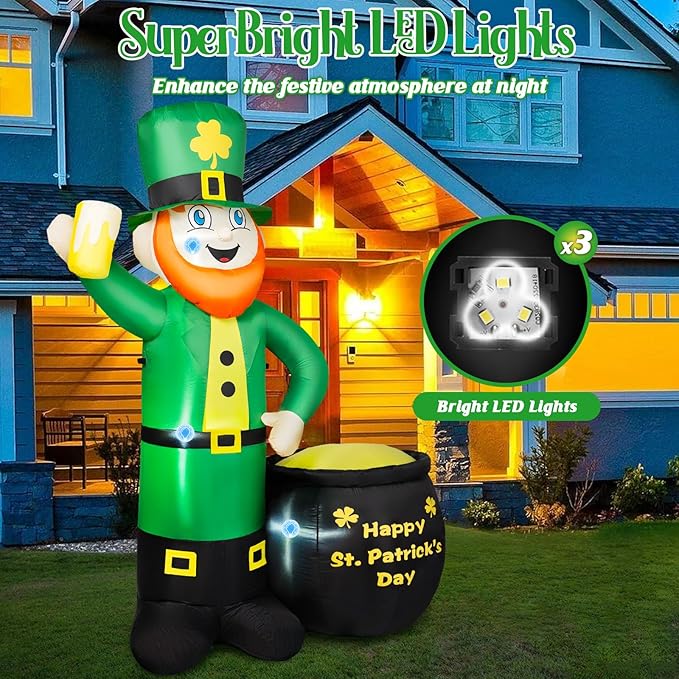 6FT St Patricks Day Inflatables Outdoor Decorations, Leprechaun Inflatable Holds Beer Cup with Pot of Gold Built-in LED Lights, St Patricks Day Decorations for Party Holiday Yard Garden Decor
