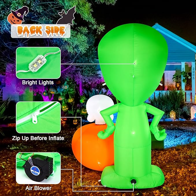 CAMULAND 6.8FT Halloween Inflatable Alien with Pumpkin Decorations Halloween Inflatable Blow Up Decor with Built-in LED Lights Outdoor Inflatable Decoration for Garden, Lawn, Yard
