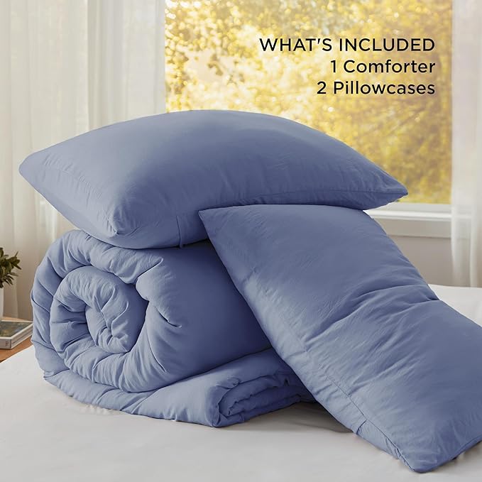 Bedsure California King Size Comforter Set, Blue Soft Prewashed Bedding for All Seasons, 3 Pieces GentleSoft™ Down Alternative Bed Set, 1 Lightweight Comforter (104"x96") and 2 Pillowcases (20"x36")