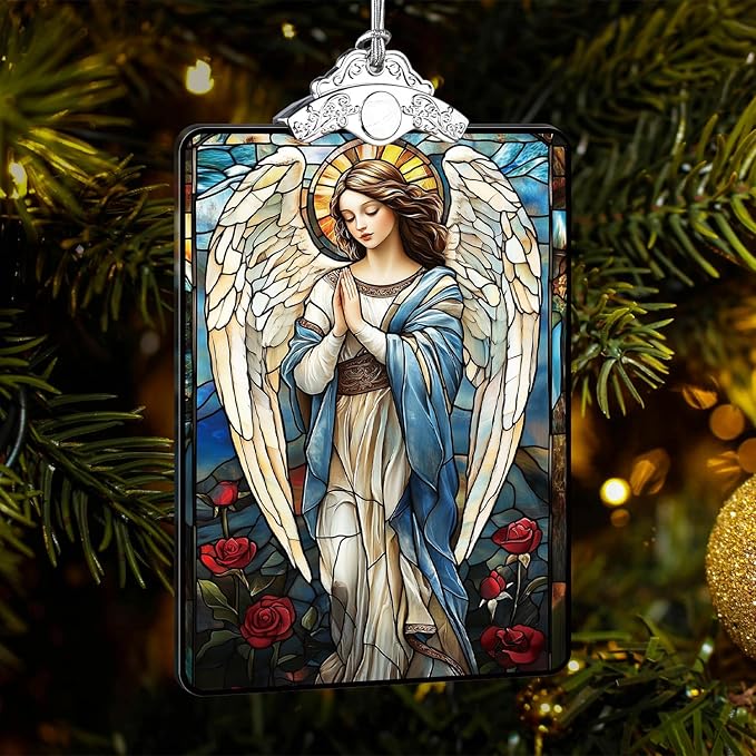 Angel Stained Glass Ornament, 2025 Christmas Tree Hanging Decoration for Religious Holiday Decor or Gift Exchange, 3.8 x 2.4 Inch