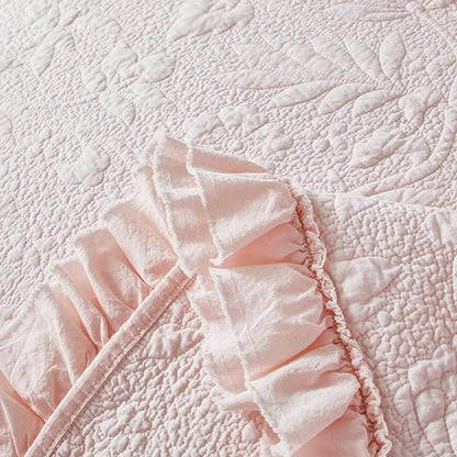 Brandream Queen Size Quilt Set Cotton Light Pink Quilts Shabby Chic Bedding Romantic Ruffle Bedspread Matelasse Coverlet Set 3-Piece