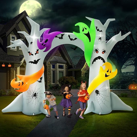 14FT Length X 10FT Tall Halloween Archway Inflatable Tree with 4 Colorful Ghosts, Blow Up Tree Inflatables Arch Built-in 15 Led Lights for Halloween Inflatable Outdoor Decorations