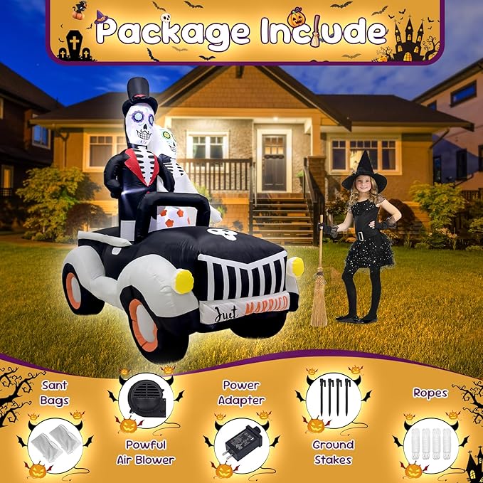 7FT Halloween Inflatable Ghost Couple Driving Halloween Decorations Spooky Blow Up Decor with LED Lights Indoor Outdoor Yard Garden Party Holiday Decorations