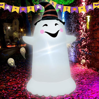 3.5FT Halloween Inflatable Decor with LED Lights Striped Hat Ghost Halloween Blow Up Decorations Indoor Outdoor Yard Garden Party Holiday Decoration