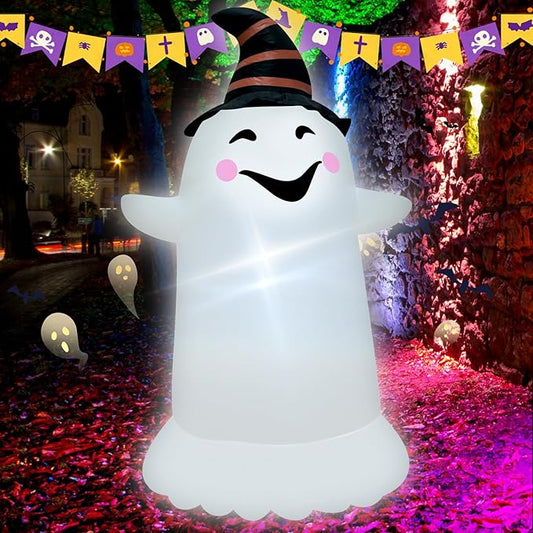 3.5FT Halloween Inflatable Decor with LED Lights Striped Hat Ghost Halloween Blow Up Decorations Indoor Outdoor Yard Garden Party Holiday Decoration