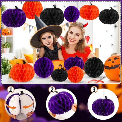 15Pcs Halloween Honeycomb Decorations, Orange Purple Black Pumpkin Paper Honeycomb Balls Halloween Hanging Ornaments for Party Favor Supplies