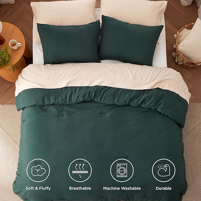 Bedsure Full Size Comforter Set, Forest Green Soft Prewashed Bedding for All Seasons, 3 Pieces GentleSoft™ Warm Down Alternative Bed Set, 1 Lightweight Comforter (82"x86") and 2 Pillowcases (20"x26")