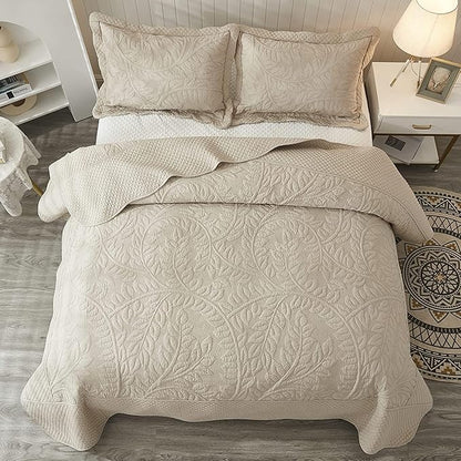 MarCielo 3-Piece 100% Cotton Oversized Bedspread Lightweight Quilt Coverlet Embroidery Farmhouse Bedding Set T0 (Yellowish Beige, Oversized Queen (100"x106"))