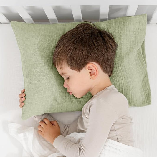 Comfy Cubs Toddler Pillow with Soft Muslin Pillowcase, 13"x18", Sage (2 Pack) - Kids Pillow for Sleeping & Travel - Comfortable Small Pillow - Kids Travel Pillow with Breathable Microfiber Fill