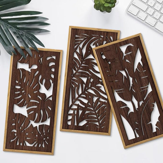 HPNIUB 3PCS Tropical Wall Decor, Rustic Palm Leaf Wooden Sign for Bathroom, Vintage Leaf Plant Hanging Wood Plaque Wall Art Nature Picture for Home Office Living Room Decoration(8x16Inch)