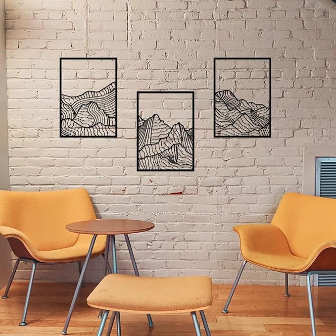 ruelen Wall Decor 3 Pcs Mountain Metal Wall Art, Mountain Line Abstract Minimalist Wall Art Rustic Nature Wall Decor Hanging Sculpture for Home Bedroom Bathroom Living Room (Black)