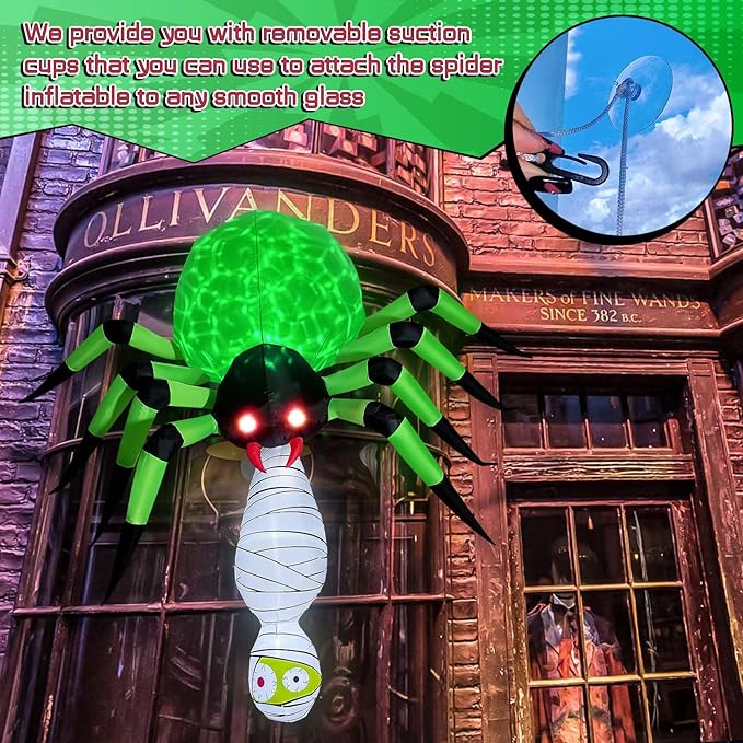 7FT Halloween Inflatables Spider Outdoor Decorations, Large Halloween Blow Up Yard Decorations with Mummy and Green LED Light, Scary Inflatable Decor for Eaves Cobweb Window Yard Lawn