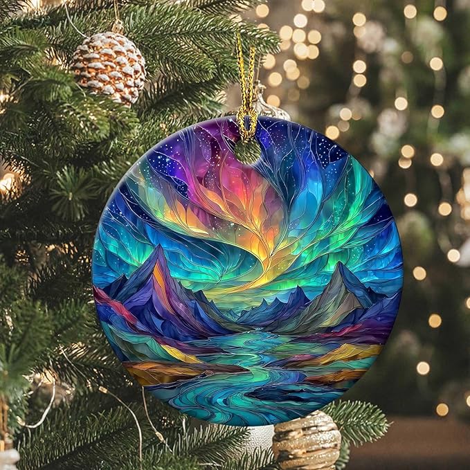 Christmas Northern Lights Ornament Colorful Round Ceramic Ornament Xmas Keepsake for Christmas Tree Winter Holiday Xmas Gift for Women Men Xmas Holiday Party Decor 3"