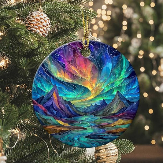 Christmas Northern Lights Ornament Colorful Round Ceramic Ornament Xmas Keepsake for Christmas Tree Winter Holiday Xmas Gift for Women Men Xmas Holiday Party Decor 3"