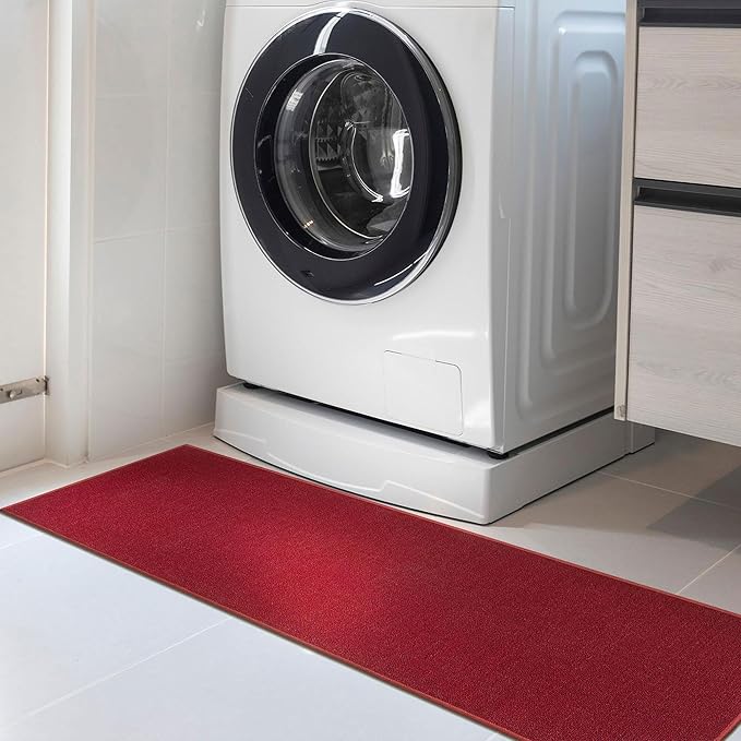 Machine Washable Modern Solid Design Non-Slip Rubberback 3x10 Traditional Runner Rug for Hallway, Kitchen, Bedroom, Living Room, 2'7" x 9'10", Red