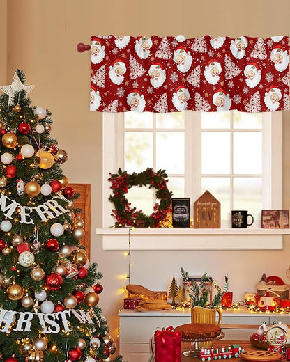Red Christmas Valance Curtains for Kitchen Windows Santa Claus Merry Christmas Tree Rod Pocket Window Treatment Toppers for Kitchen/Living Room/Bedroom/Bathroom, 60" X 18", Winter Snowflake
