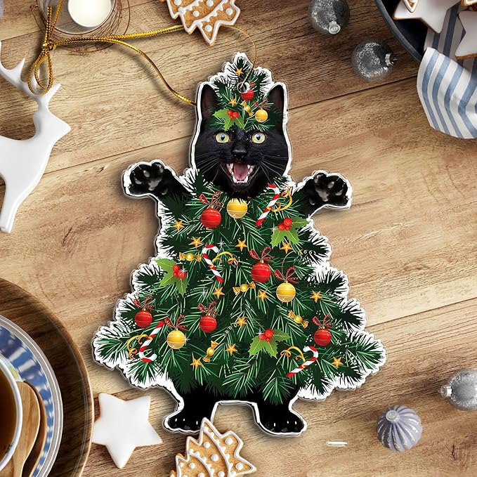Black Cat Acrylic Christmas Ornament - Fun Holiday Decoration for Pet Owners - Festive Tree Ornament with Black Cat in a Christmas Tree Design