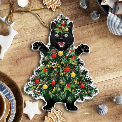 Black Cat Acrylic Christmas Ornament - Fun Holiday Decoration for Pet Owners - Festive Tree Ornament with Black Cat in a Christmas Tree Design
