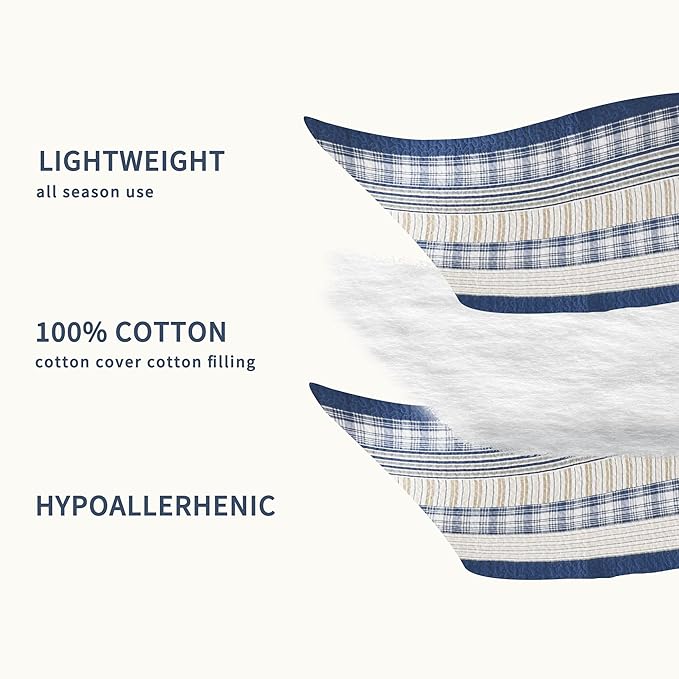 Homzard Queen Size Comforter Set - Blue White Tan Striped Queen Quilt Set,Plaid Striped Bedding Quilt, Farmhouse Bedspread Queen Size, Lightweight Bedding Quilts 3 Pieces All Season