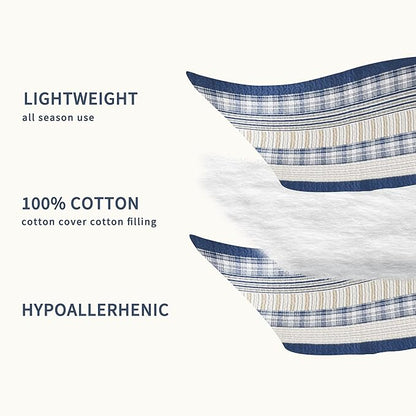 Homzard Queen Size Comforter Set - Blue White Tan Striped Queen Quilt Set,Plaid Striped Bedding Quilt, Farmhouse Bedspread Queen Size, Lightweight Bedding Quilts 3 Pieces All Season