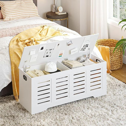DINZI LVJ Storage Chest, 47.3” Wooden Toy Box with 2 Safety Hinges, Retro Entryway Shoe Storage Bench with Flip-Top, Sturdy Large Storage Trunk for Living Room, Bedroom, Easy Assembly, White