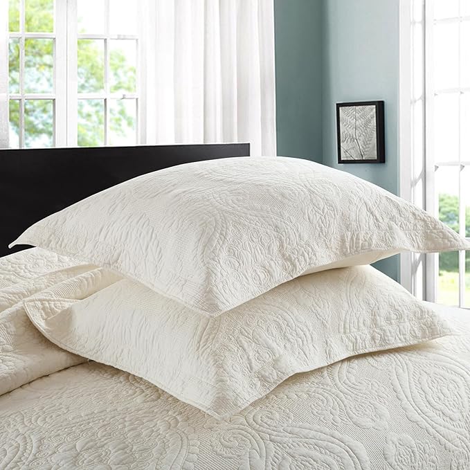 mixinni 3 Piece Quilt Set King Size Bedspread Coverlet Set Beige/Cream Paisley Pattern Quilt Bedding Set, Cotton Lightweight Bed Cover with Pillow Shams for All Seasons-King Size