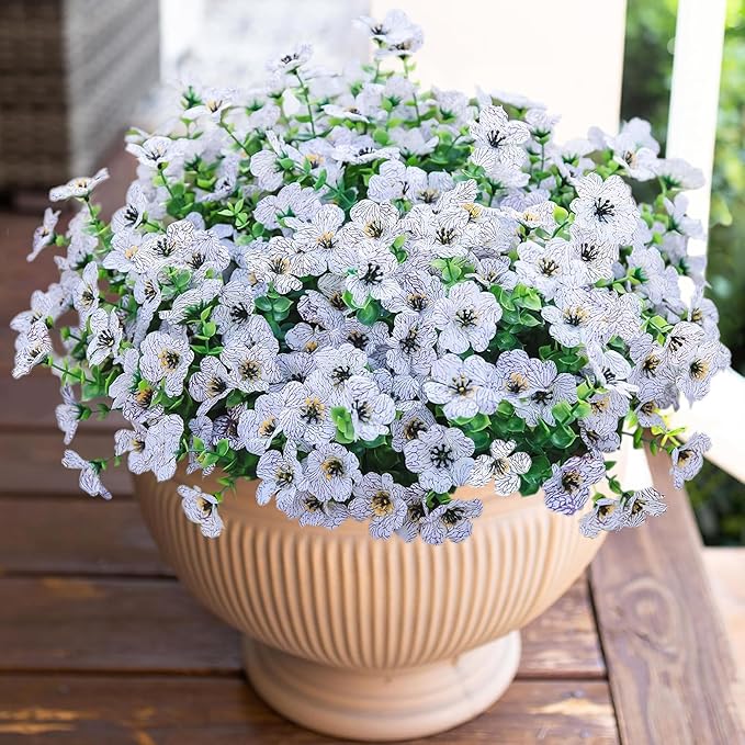 Artificial Flowers for Outdoor Indoor Garden Home Decoration, Faux Flower Daisy with Eucalyptus Leaves Fake Plants Greenery Boxwood Porch Patio, 12 Bundles (Creamy White)