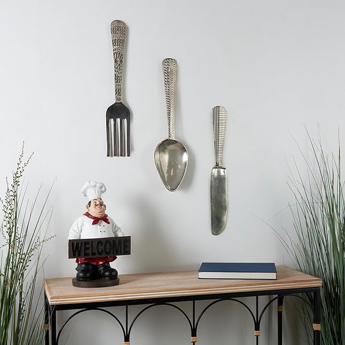 Deco 79 Aluminum Metal Utensils Home Wall Decor Knife, Spoon and Fork Wall Sculpture, Set of 3 Wall Art 23", 23", 23" H, Silver