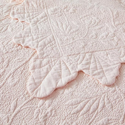 Brandream Queen Size Quilt Set Cotton Light Pink Quilts Farmhouse Bedding Set Matelasse Coverlet Set Scalloped Edge Quilts 3-Piece