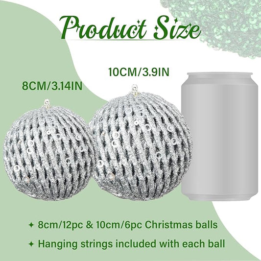 3.15" Christmas Ball Ornaments Glitter Shatterproof Christmas Tree Ornaments Sequin Xmas Hanging Balls Decorations for Wedding Party Holiday(Silver, 12pc-8cm)