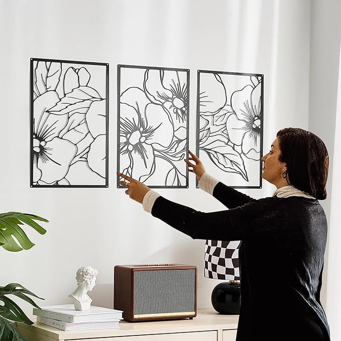 FUNTEREST 3 Pieces Black Metal Wall Art Decor Modern Minimalist Floral Single Line Living Room Wall Decor Abstract Wall Hanging Decor for Kitchen Office Bedroom Bathroom (Floral A)