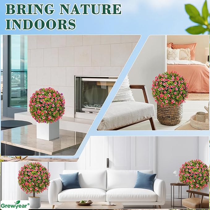 Artificial Topiary Ball with Ground Spike Set of 2, Faux Boxwoods for Outdoor Planters, UV Resistant Artificial Outdoor Plants for Porch, Fake Bushes Round Flower Shrub with Pink Lilac