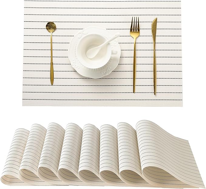 Leetaltree White with Black Stripes Placemats Set of 8 - Heat Resistant Non-Slip Place mats for Dining Table, Washable Durable PVC Vinyl Woven Table Mats（White Stripes, 8）