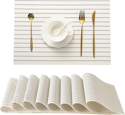 Leetaltree White with Black Stripes Placemats Set of 8 - Heat Resistant Non-Slip Place mats for Dining Table, Washable Durable PVC Vinyl Woven Table Mats（White Stripes, 8）
