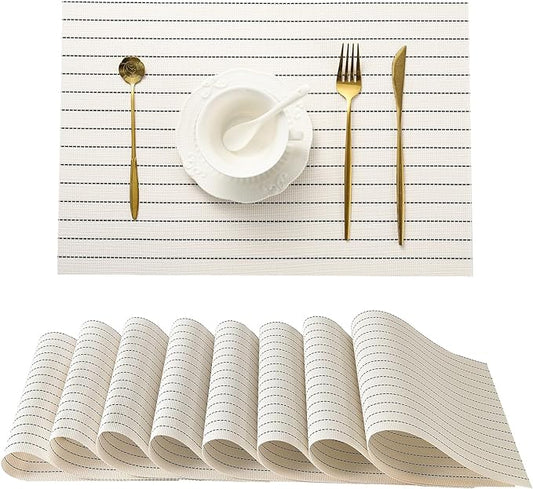 Leetaltree White with Black Stripes Placemats Set of 8 - Heat Resistant Non-Slip Place mats for Dining Table, Washable Durable PVC Vinyl Woven Table Mats（White Stripes, 8）