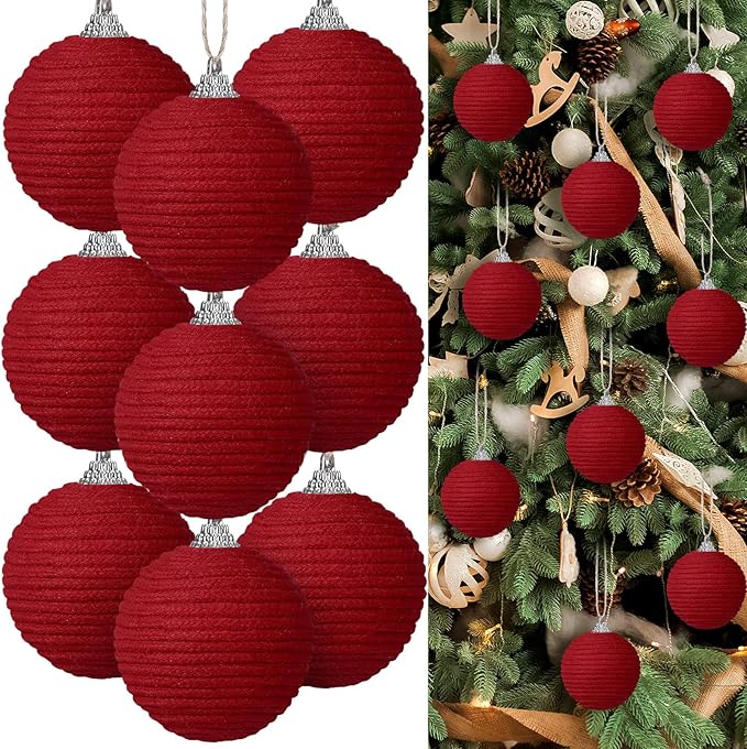 Syhood 9 Pcs 2.36 Inch Christmas Ball Ornaments Boho Farmhouse Jute Rope Hanging Balls Burlap Neutral Rustic Ornaments for Xmas Tree Holiday Wreath Garland Wedding Home(Dark Red)