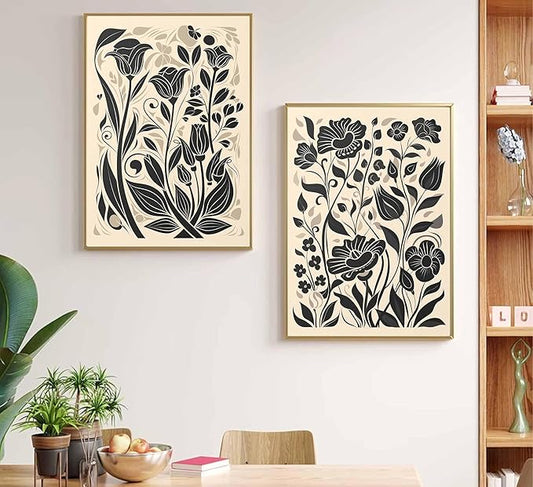 2 Pcs Boho Abstract Floral Canvas Wall Art Modern Minimalist Neutral Beige and Black Floral Botanical Wall Decor Poster Print Artwork for Living Room Bedroom Office Home Decoration Unframed