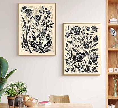 2 Pcs Boho Abstract Floral Canvas Wall Art Modern Minimalist Neutral Beige and Black Floral Botanical Wall Decor Poster Print Artwork for Living Room Bedroom Office Home Decoration Unframed