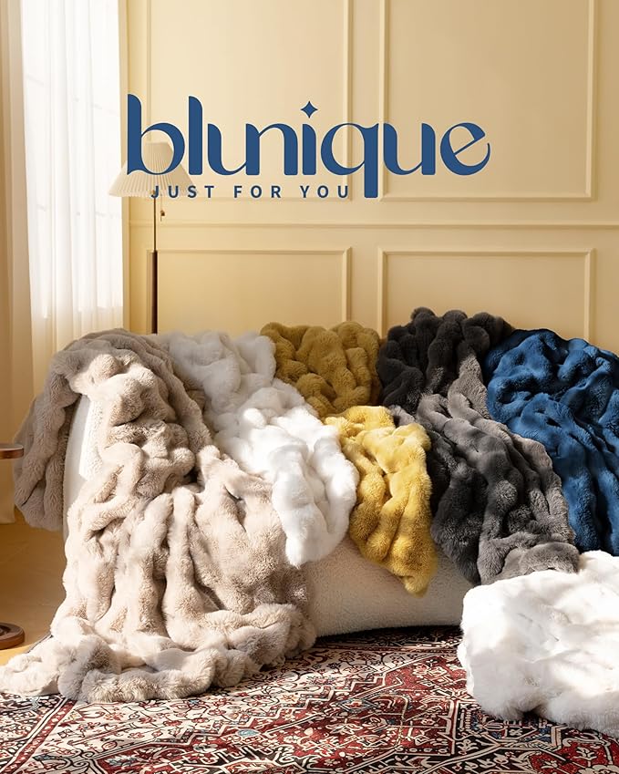 Ultra Soft Cozy Faux Fur Throw Blanket, Fuzzy Plush Thick Bubble Blanket, Oversize Luxury Fluffy Blanket for Couch, Bed, and Living Room, 60x80 Inches, Blue