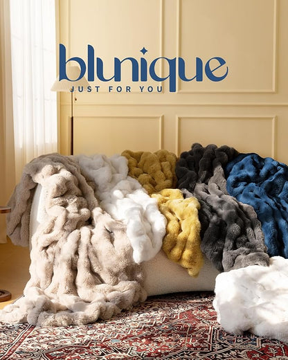 Ultra Soft Cozy Faux Fur Throw Blanket, Fuzzy Plush Thick Bubble Blanket, Oversize Luxury Fluffy Blanket for Couch, Bed, and Living Room, 60x80 Inches, Blue