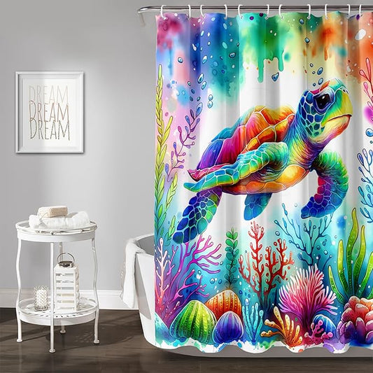 AILONEN Colorful Sea Turtle Shower Curtain, Cartoon Ocean Theme World Cloth Bath Curtain for Bathroom,Watercolor Underwater Waterproof Fabric Shower Curtain Set with Hooks,36" Wx72 H