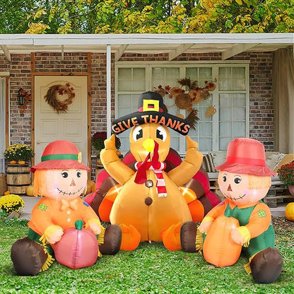 3.3FT Fall Day Outdoor Inflatable Decoration, Set of 2 Adorable Air-Blown Boy Girl Scarecrow with Pumpkin Yard Decor, Lighted Thanksgiving Harvest Decorations for Front Door Garden Lawn