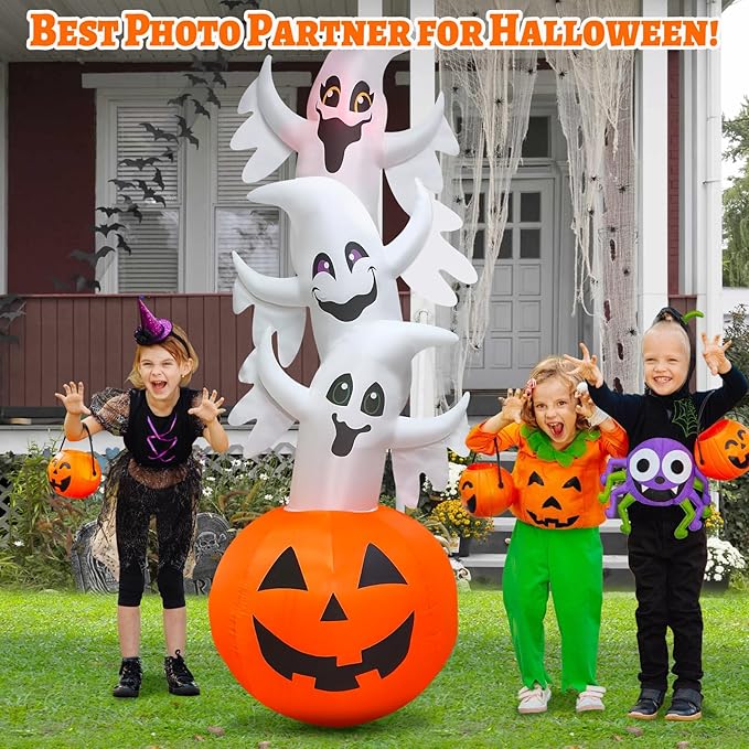 10.3FT Halloween Inflatable Overlap Ghost Decoration, Three Blow up Ghosts Jumped Out of Halloween Pumpkin Built-in Colorful LED for Halloween Inflatables Outdoor Decoration Party Yard Decor