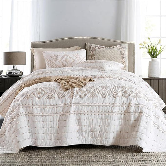 mixinni 3 Pieces Queen Size Comforter Set Gold Embroidery Pattern Printed Soft Cotton White Quilt Set-Queen Size