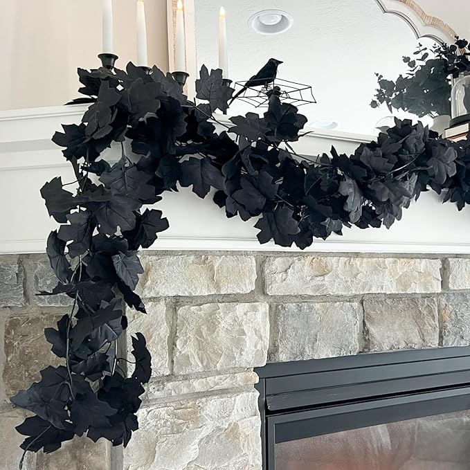 CQURE 3 Pack Black Fall Leaf Garland, Halloween Garland Hanging Vines Artificial Fall Maple Leaves Thanksgiving Decor for Home Wedding Fireplace Party