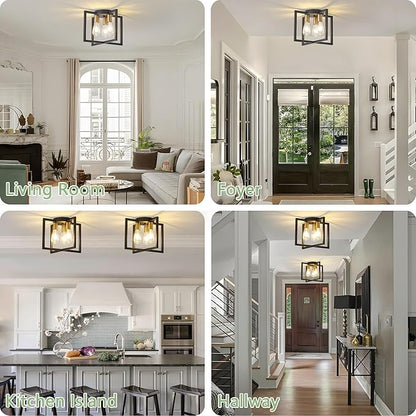 3-Light Ceiling Light Fixture, Black and Gold Semi-Flush Mount Chandelier with Geometric Metal Shade, Farmhouse Industrial Lighting for Kitchen Living Room Bedroom Hallway Foyer, E26 Base