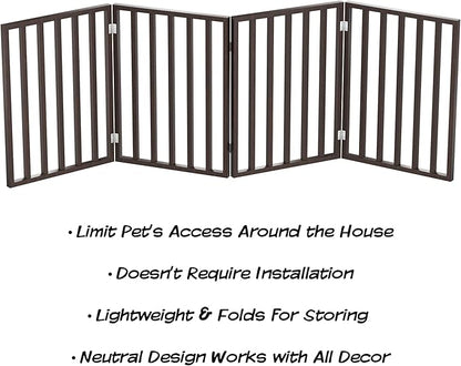 Pet Gate - 4-Panel Indoor Foldable Dog Fence for Stairs, Hallways or Doorways - 72x24-Inch Retractable Wood Freestanding Dog Gates by PETMAKER (Brown)