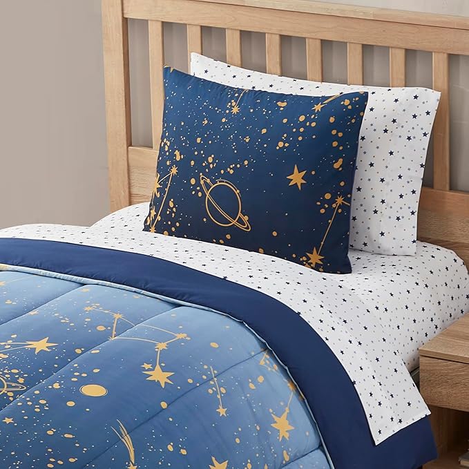 Kids Bedding Set Bed in a Bag for Boys and Girls Toddlers Printed Sheet Set and Comforter, Twin, Galaxy